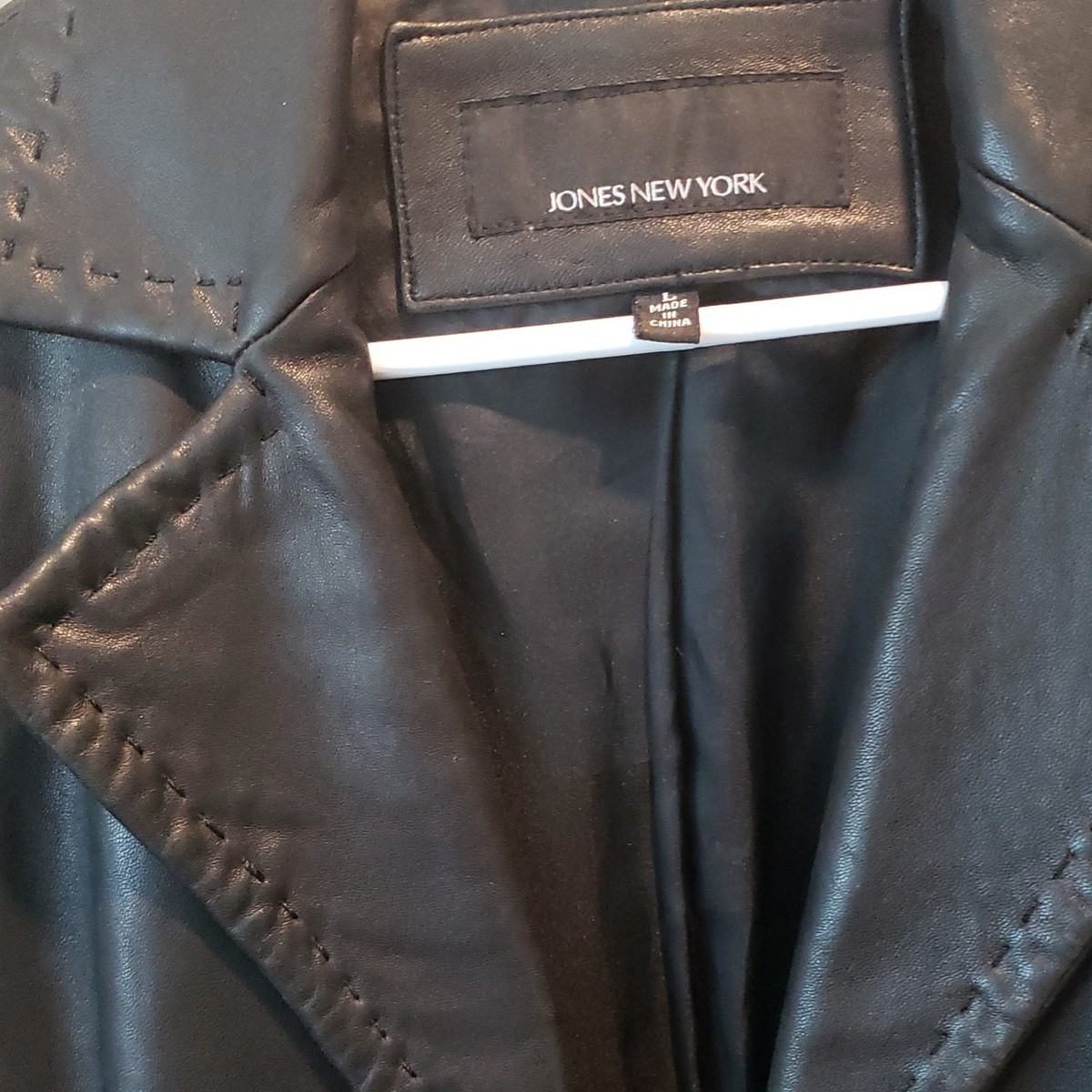 Jones New York Black Leather Mid-Length Jacket L, Collared, Button 