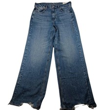 American Eagle Jeans Womens 14 Blue Baggy Wide Leg Super High Rise Denim Raw Hem