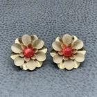 Vintage Sarah Coventry Gold Tone Red Flower Clip On Earrings Costume Jewelry
