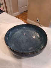 HAND THROWN SIGNED POTTERY SHALLOW BOWL COBAL...