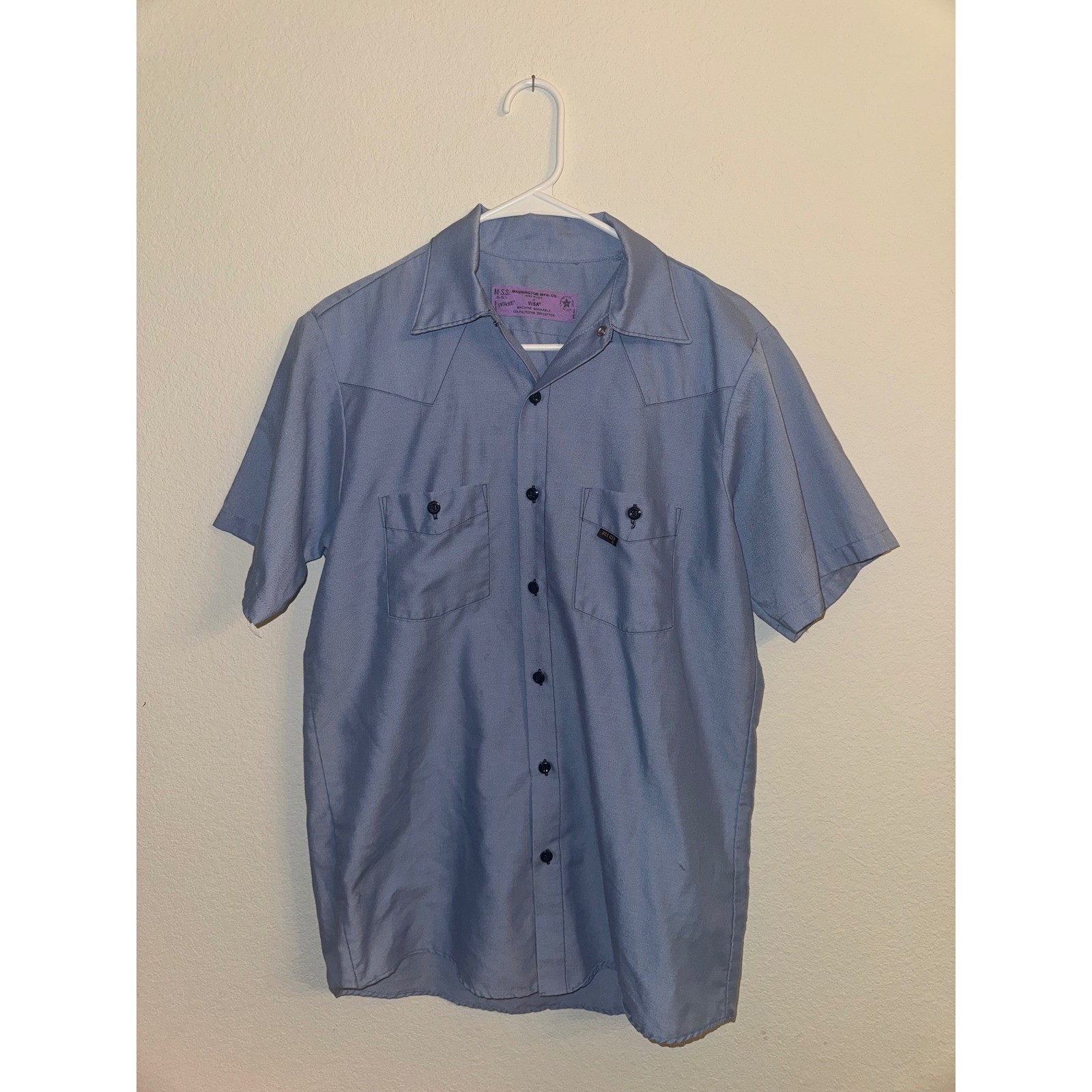 Western Work Shirt Short Sleeve Button Up Blue Cowboy Style for Men Size 15-15.5