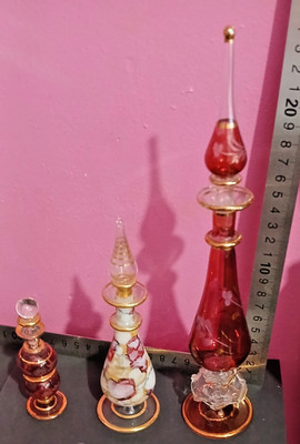 3er Set Vintage Ägyptische Mundgeblasene Glas Parfüm Flakons mit 14k Gold Vergoldung