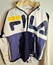 Fila Track Jacket Womens UK10 White Navy Retro 90s Quarter Zip Windbreaker