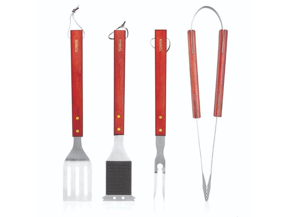 4 Piece Maple Wood BBQ Stainless Steel Tool Set