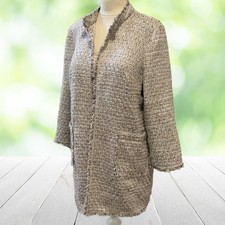 CHICOS Jacket Beige Metallic Tweed Open Front Coat Fringe Pockets Size 2 L 