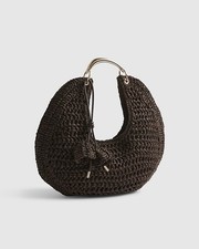 River Island Womens Scoop Bag Brown Raffia Metal Handle Popper Fastening