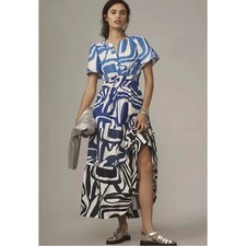Anthropologie Tiered Maxi Dress Women S Blue Abstract Smocked Excellent V-Neck