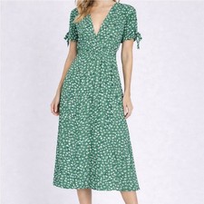Faithfull The Brand Nina Dress Green Floral Tie Sleeve V Neck Midi Dress Size S