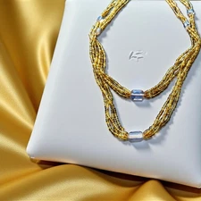 Vintage 60” Gold Glass Beaded Necklace Multi Strand Layered Costume Jewelry