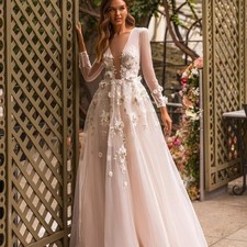 Customize Handmade 3D Floral Vneck Wedding Dress Illusion Long Sleeve Bride Gown