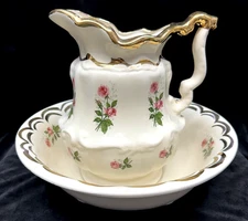 1896 Antique Porcelain Ceramic Cream Floral Gold Trim Wash Basin and Pitcher Set