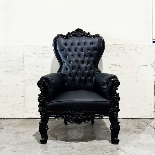 French Style Black Leather Throne Chair Midsize Tufted Chair