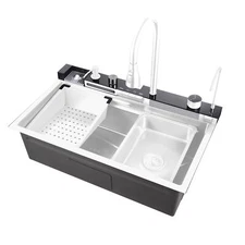 29.5" Kitchen Single Sink Flying Rain Stainless Steel Waterfall Sink W/Faucet 