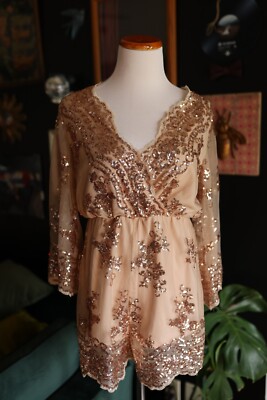 Flying Tomato Rose Gold Nude Long Sleeve Deep V Neck Sequin Romper Size S