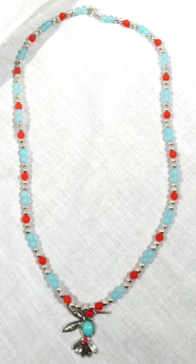 Handcrafted Jewelry Turquoise Hummingbird Turq & Red Frosted Glass 24'' Necklace