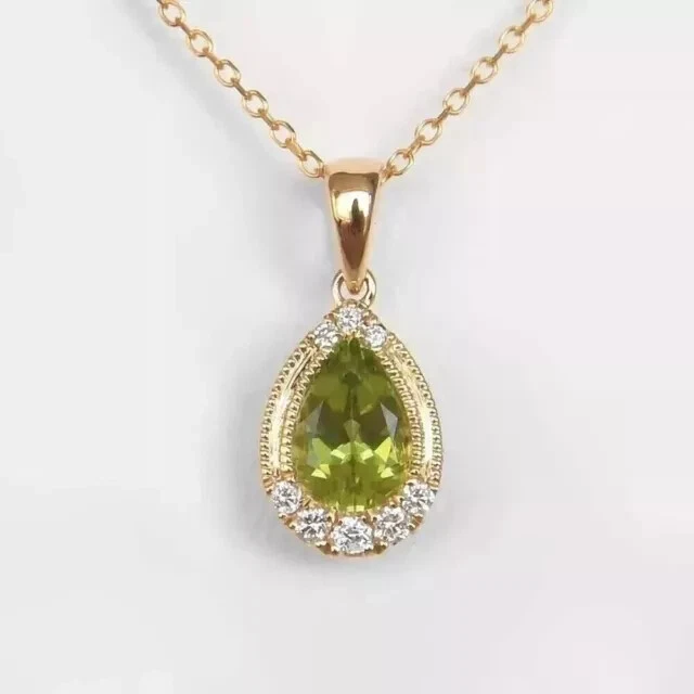 Colgante de peridoto verde creado en laboratorio de 2 quilates corte pera enchapado en oro amarillo de 14 quilates cadena de 18"" Foto 4 de 4