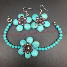 Charming Natural 6mm Round Blue Turquoise Gems Beads Flower Bracelet Earring Set
