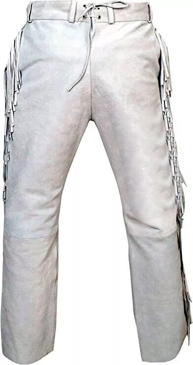 Western Wear White Leather Fringe Pants, Mens Leather Tassel Pants Cowboy Outfit image 2