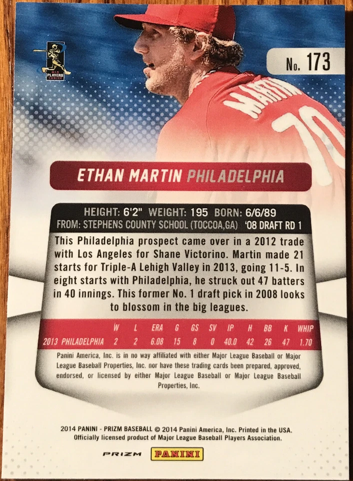 2014 Panini Prizm Prizms Red White & Blue Pulsar Rookie Ethan Martin #173 - Image 2 of 2