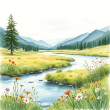 Digital picture painting of wildflower with farm and mountain art printable file