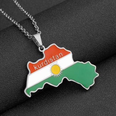 Stainless Steel Kurdistan Map Pendant Necklace - Kurdish Flag Map Jewelry With 50cm Chain, Silver