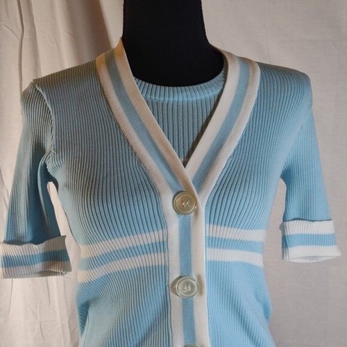 Vintage 70's Light Blue w/White Stripes Short Sleeve Cardigan w/ Faux Tank - M - Picture 2 of 15
