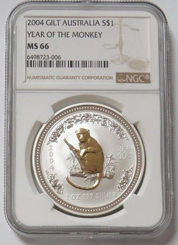 2004 SILVER AUSTRALIA 1 OZ GILT $1 YEAR OF MONKEY LUNAR COIN NGC MS 66