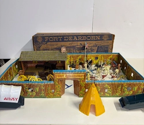 1952 MARX Fort Dearborn Play Set #3510 / Original Box Figures Tin Stockade Cabin