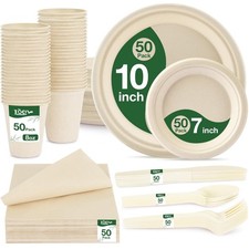 350PCS Compostable Paper Plates and Napkins Cups 10  7 Inch Disposable Heavy...