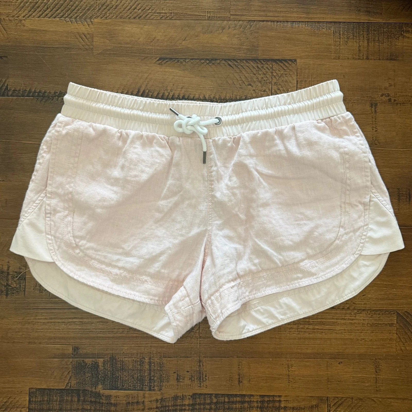 Athleta Beachside Bali Linen Shorts Sz 8 Pink Drawstring Elastic Waist Pockets