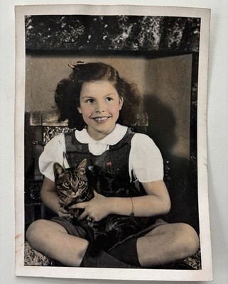 Young Girl Holding Her Pet Cat Colorized 5x7 Studio Photograph Buffalo NY