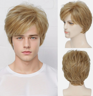 Men's Wig Curly Hair Full Wig Dark Golden Men's Synthetic Wig+Wig Cap