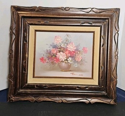 Robert Cox Still Life Flowers Oil on Canvas Signed 8'' x 10'' With Wood MCM Frame