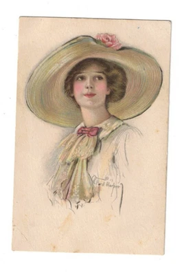 Early 1900s Artist Signed Postcard R. Ford Harper Pretty Lady Wears Large Hat #2 - image 1 of 2