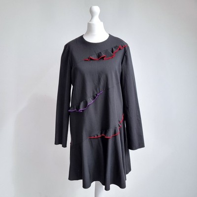 Sportmax Kleid schwarz NEU Wolle Skater Max Mara Rüschen Langarm Mini UK 8