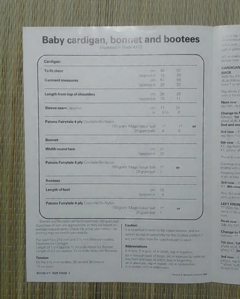 Baby Cardigan Bonnet and Bootees Pattern Booklet 18 to 20 Inches Patons 7629 - Image 2 of 2