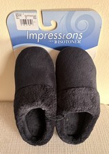 ISOTONER Womens Small 6.5-7 COLLETTE MICROTERRY HOODBACK CLOG SLIPPERS in Black