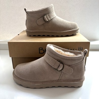 Bearpaw Petite Buckle Boots Suede Faux Fur Booties Mushroom Size 7 NEW