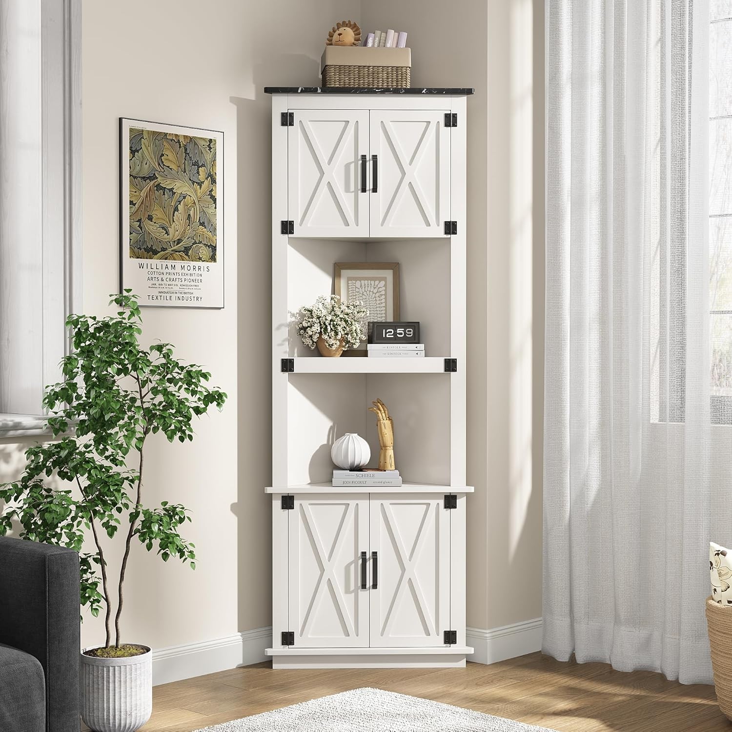 68-Inch Farmhouse Corner Cabinet with 4 Barn Doors & 2 Open Shelves for Stylish Storage