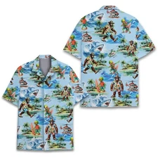 Unisex Bigfoot Alien Hawaiian Shirt–Surf,Shark & UFO Print, Funny Tropical Style