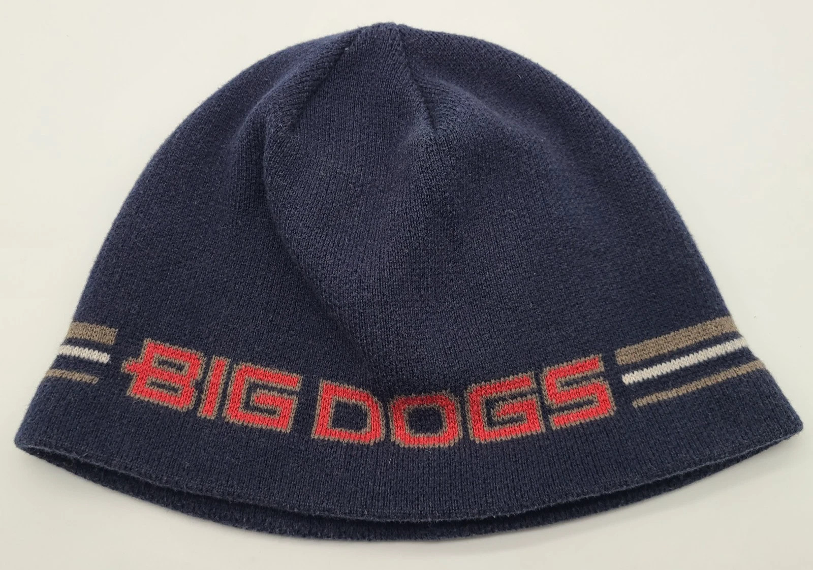 Vintage Big Dogs Navy Blue Beanie Sock Hat Y2K Spell Out Logo Striped VTG