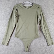 Nuuds Womens Long Sleeve Crew Neck Bodysuit Olive Green Size Medium Thong Back