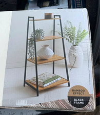 4 Tier Ladder Shelf Bamboo Effect Black Frame Storage Display Unit 90cm