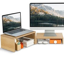 2 Pack Pull Out Monitor Stand Riser Wood 2 Tier Adjustable Desktop Organizer