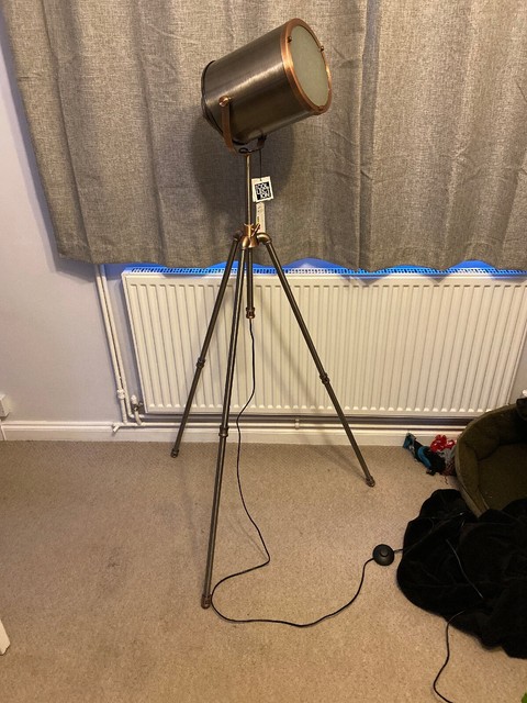 Home Collection Jake Nickel And Copper Camera Floor Lamp For Sale