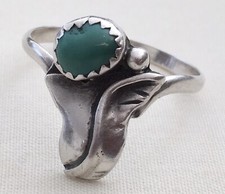 Navajo Native American Sterling Silver Beaded Floral & Turquoise Size 8.5 Ring