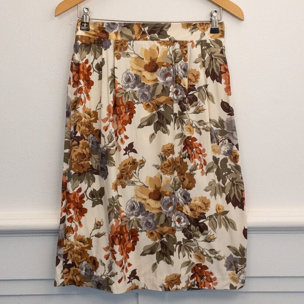 Vintage Floral Rayon Midi Skirt Boho Cottagecore Pleated Made in USA