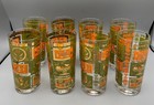 Set 8 Vintage MCM Culver Colony Gold Barware Rooster Highball Orange Glassware