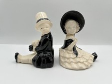 Vintage 6" ceramic Girl and Boy bookends marked Japan black and white EUC