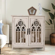 Distressed Accent Storage Display Cabinet with Hollow Carved Church Window Doors
